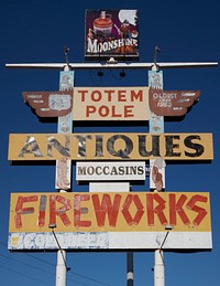                         Signs at the Totem Pole Trading Post, a tourist attraction along a surviving section of the old, two-lane U.S. Route 66 in Rolla, a small city in south-central Missouri                        