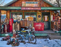                         The general-store portion of a nostalgic roadside attraction, the Classical Gas Museum, in the Rocky Mountain foothills of northern New Mexico, near the town of Dixon                        