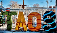                         The nearby city as art letters at the Camino Real Imports and Gift Shop on the road between Taos, New Mexico, and the Royal Gorge Bridge over the Rio Grande, seven miles out of town                        