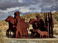                         Artist Armando Alvarez Compean's 1997 La Puerta Del Sol metal-art sculpture grouping below Tome near the settlement of Tome in New Mexico's Rio Grande River floodplain                        