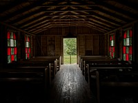                         Interior of the c.-1870 College Grove Baptist Church, built in College Point, Louisiana, and later moved to this location at the LSU (Louisiana State University) Rural Life Museum, part of the Burden Museum and Gardens complex in Baton Rouge, state's capital city                        