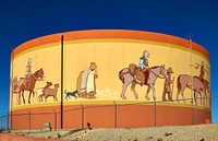                         Artist Tony Pennock's painted this panoramic mural, "Jornada de Muerto" ("Journey of the Dead" in English) on a city water tank in Las Cruces, the hub city of southern New Mexico, 27 miles from the border with far-western Texas                        