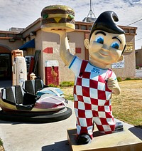                         Old gas pumps, amusement-ride bumper cars, and the Big Boy restaurant advertising symbol keep unlikely company at Sparky's Burgers & BBQ (barbecue), a must-see roadside attraction in tiny Hatch, New Mexico, north of Las Cruces, that offers not only green-chili cheeseburgers, espresso, and other coffee drinks but also what one might call vintage, sometimes giant and funky, memorabilia assembled over 20 years by Sparky's owners, Josie Nunn and her husband, Teako                        