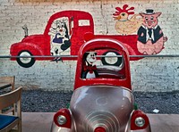                         Part of the ever-eclectic outdoor dining area behind Sparky's Burgers & BBQ (barbecue), a must-see roadside attraction in tiny Hatch, New Mexico, north of Las Cruces, that offers not only green-chili cheeseburgers, espresso, and other coffee drinks but also what one might call vintage, sometimes giant and funky, memorabilia assembled over 20 years by Sparky's owners, Josie Nunn and her husband, Teako                        