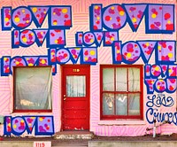                         One of several exuberantly painted adjacent buildings on a narrow, two-lane street that was once the main road from the west into Las Cruces, the hub city of southern New Mexico, 27 miles from the border with far-western Texas                        