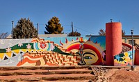                         Art on a circular wall outside the Thomas Branigan Memorial Library, named after a local fruit grower who was a Union captain in the U.S. Civil War, in Las Cruces, the hub city of southern New Mexico, 27 miles from the border with far-western Texas                        