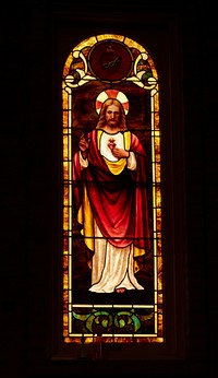                         A richly shimmering stained-glass window of the Basilica of San Albino on the plaza of Mesilla (locally called Old Mesilla), a historic town adjacent to Las Cruces, the hub city of southern New Mexico                        