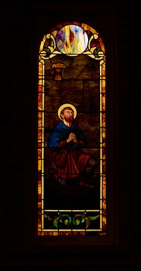                         A richly shimmering stained-glass window of the Basilica of San Albino on the plaza of Mesilla (locally called Old Mesilla), a historic town adjacent to Las Cruces, the hub city of southern New Mexico                        