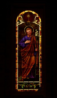                         A richly shimmering stained-glass window of the Basilica of San Albino on the plaza of Mesilla (locally called Old Mesilla), a historic town adjacent to Las Cruces, the hub city of southern New Mexico                        