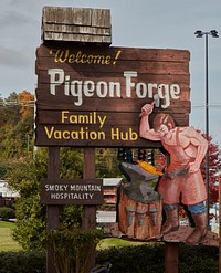                         A creative, and apt, sign on the border with the city of Gatlinburg in Pigeon Forge, a newly designated (in 2021) small city full of theme parks and other family attractions on the road to the Great Smoky Mountains National Park in southeast Tennessee                        