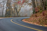                         Fog lurks around a sharp bend of the road within the Tennessee portion of Great Smoky Mountains National Park, the most-visited national park in the United States                        