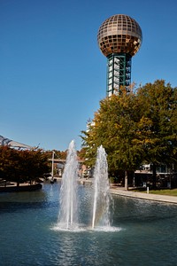                         Lagoon-side view of the 26-story-tall Sunsphere, the signature landmark of the 1982 World's Fair, and the surrounding World's Fair Park, in Knoxville, the principal city in eastern Tennessee                        
