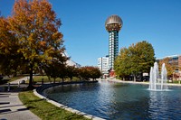                         Lagoon-side view of the 26-story-tall Sunsphere, the signature landmark of the 1982 World's Fair, and the surrounding World's Fair Park, in Knoxville, the principal city in eastern Tennessee                        