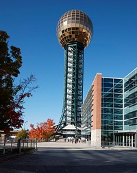                         View of the 26-story-tall Sunsphere, the signature landmark of the 1982 World's Fair, and the surrounding World's Fair Park, in Knoxville, the principal city in eastern Tennessee                        