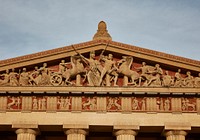                         The ornate triangular pediment of the city's own full-scale replica of Athens, Greece's Parthenon in Nashville, the capital city of the U.S. state of Tennessee and, by reputation and accomplishment, of American country music                        