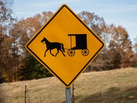                         Sign on a country road near Stantonville, Tennessee, warning drivers of motorized vehicles to watch for horse drawn Amish buggies                        