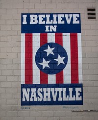                         Mural supportive of the city by artist Adrien Saporiti in the trendy Eastside neighborhood of Nashville, the capital city of the mid-South U.S. state of Tennessee, that accentuates the city's "Music City" nickname                        