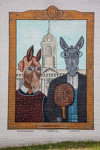                         Wall art, "Muletown Gothic" featuring two mules on a side of the Red 7 pizza restaurant in Columbia, Tennessee                        