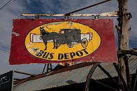                         Sign at Ike's Amish Depot & Country Store, which served not only as a general store along the road in tiny Ethridge, Tennessee, but was also the bus depot for the scattered population of Amish farmers and their families in the rural area                        