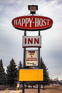                         A vintage sign for the Happy Host Inn in Grand Forks, the principal city in northeast North Dakota and the home of the University of North Dakota                        