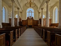                         Sanctuary inside the rebuilt Church of St. Mary the Virgin, Aldermanbury, is a seventeenth-century English church now located on the campus of Westminster College in Fulton, Missouri                        