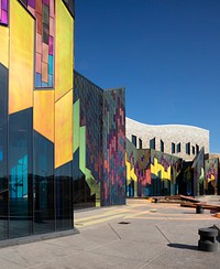                         The colorful walls of the Museum at Prairiefire in Overland, Kansas, a Kansas City suburb, change dramatically at various times of day and depending upon the angle of the sun                        