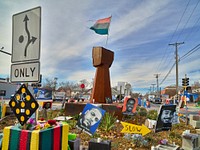                         Both temporary and permanent portions of the George Floyd Memorial, a hastily assembled tribute at what became known as George Floyd Square at 38th Street and Chicago Avenue in Minneapolis, Minnesota, which continued to be sustained and updated, to a Black man who was choked and killed by a member of the Minneapolis Police Department on May 25, 2020, sparking protests across the United States                        