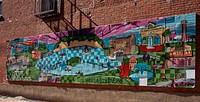                         A colorful welcome mural in Yankton, a small city on the Missouri River and the Nebraska border in the southeast corner of South Dakota                        