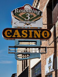                         Casino sign in downtown Yankton, a small city on the Missouri River and the Nebraska border in the southeast corner of South Dakota                        