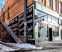                         An alley-side barbershop in Rapid City, the principal metropolis in far-western South Dakota, within that state's within that state's portion of the Black Hills range                        