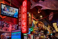                         Quirky and colorful decorations (more like miniature attractions) inside Billy Frogg's Lilly Pad Kitchen restaurant in the Old Market Neighborhood of Omaha, Nebraska's largest city                        