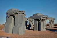                         A portion of the Carhenge outdoor monument to automobiles near Alliance in northwest Nebraska, built to mimic the world-famous Stonehenge prehistoric monument on England's Salisbury Plain                        