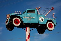                         One of several imaginative cartoon-style car creations in the Fred's Flying Circus display outside the G.I. Body and Glass shop in Grand Island, Nebraska                        