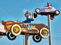                         One of several imaginative cartoon-style car creations in the Fred's Flying Circus display outside the G.I. Body and Glass shop in Grand Island, Nebraska                        