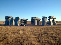                         A portion of the Carhenge outdoor monument to automobiles near Alliance in northwest Nebraska, built to mimic the world-famous Stonehenge prehistoric monument on England's Salisbury Plain                        