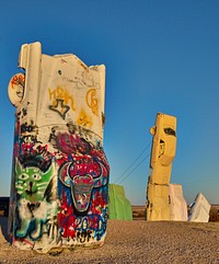                         A portion of the Carhenge outdoor monument to automobiles near Alliance in northwest Nebraska, built to mimic the world-famous Stonehenge prehistoric monument on England's Salisbury Plain                        