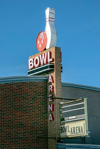                         Entrance sign to the Bowl Arena bowling alley in Terrytown, a small city between the bigger cities of Scottsbluff and Gering in southwest Nebraska                        
