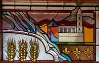                         A colored-glass motif above a door inside the Cathedral of the Holy Spirit, a Roman Catholic cathedral and parish church in Bismarck, the capital city of North Dakota                        