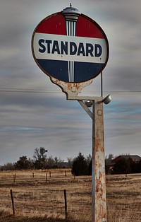                         An old Standard Oil gasoline station sign outside the little village of Keystone, Nebraska (2022 population 62)                        