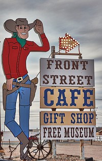                         A gigantic cowpoke character beckons passersby to Front Street, a manufactured Old West-style street of shops in Ogallala, a small city in southwest Nebraska that was once on the Oregon Trail and, later, the line of the Transcontinental Railroad                        