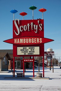                         The colorful and active sign for Scotty's Restaurant in Scottsbluff, the principal city in the southwest corner of Nebraska                        