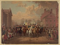 "Evacuation day" and Washington's triumphal entry in New York City, Nov. 25th, 1783, Restein, Edmund P., 1837-1891 (lithographer) and Restein, Ludwig, approximately 1838-, lithographer