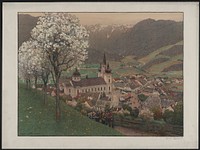 [View of village with religious procession]