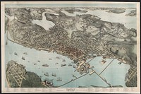 Birds' eye view of Seattle and environs, King County Wash., 1891, eighteen months after the great fire / drawn by Augustus Koch.