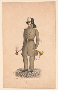 [Fireman, full-length portrait, facing left, wearing uniform]