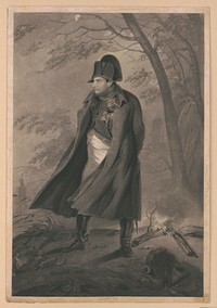 [Napoleon I, full-length portrait, standing, facing left, wearing long coat, with his hands behind his back, in a wind-swept wooded area with a small campfire behind him, on the right] / Charlet 1821 ; gravé par Maile.