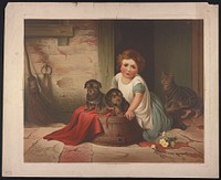 [Small girl leaning against an overturned wash tub on which two puppies have been placed; a cat stands in the doorway, alert, behind them] by James Fuller Queen (1820 or 1821-1886)