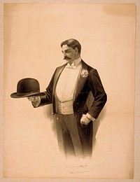 [Man wearing tuxedo, holding bowler hat]