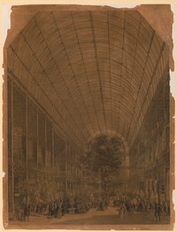 [Interior view of the Crystal Palace during the Great Industrial Exhibition of 1851 showing statues on the sides, fountain at center with a large tree in the background, and crowds of spectators]