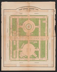 Ground plan of buildings of the great central sanitary fair, Logan Square, Philadelphia, June 1864, P.S. Duval & Son (printer)